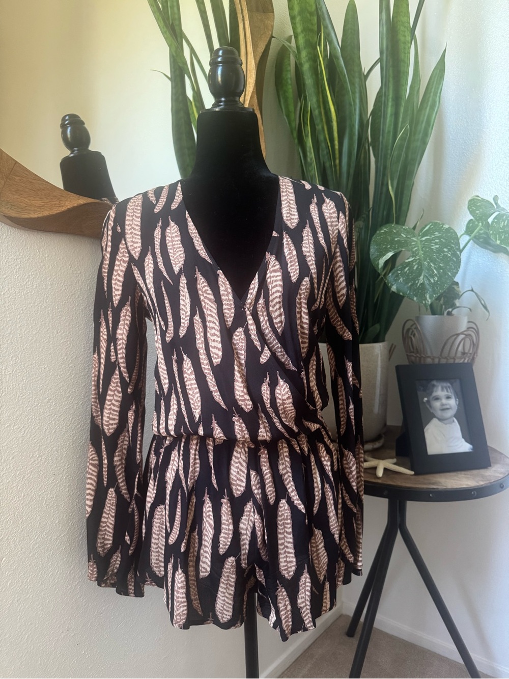 Blue Life Black Romper with Tan Feather Print
